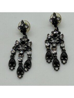 Gothic Chandelier Earrings Gunmetal Victorian Revival Black Rhinestone Statement